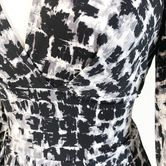 BCBGMaxAzria Petite Black White Gray Brush Stroke Surplice Faux Wrap Dress - Picture 10 of 13